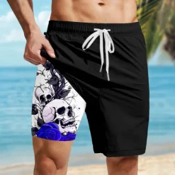 Best OUKU Men's Skull Gothic Halloween Costumes Lined Shorts 2 in 1 Board Shorts Swim Shorts Mid Waist Hawaiian Retro Vintage Holiday Streetwear Side Pockets With Compression Liner Elastic Drawstring Waist