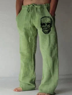 New OUKU Men's Skull Graphic Prints Trousers Summer Pants Beach Pants Mid Waist Streetwear Hawaiian Designer Casual Daily Holiday Drawstring Elastic Waist 3D Print Spring & Summer 3D Print White Green Khaki