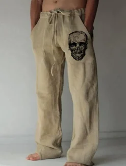 New OUKU Men's Skull Graphic Prints Trousers Summer Pants Beach Pants Mid Waist Streetwear Hawaiian Designer Casual Daily Holiday Drawstring Elastic Waist 3D Print Spring & Summer 3D Print White Green Khaki