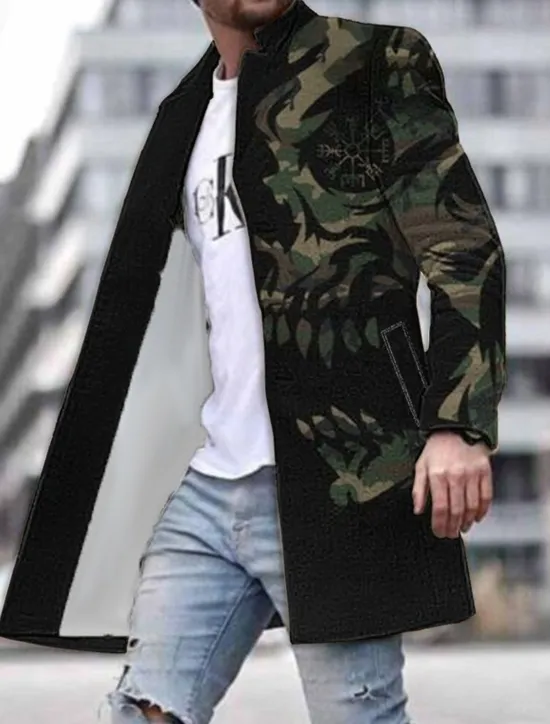 Online OUKU Men's Skull Graphic Prints Winter Coat Overcoat Coat Warm Breathable Comfortable Fashion Streetwear Cool Work Daily Wear Going out Pocket Print Fall & Winter Turndown Long Sleeve Purple Fuchsia Green