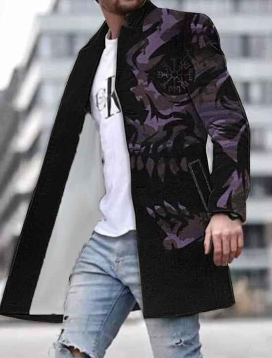 Online OUKU Men's Skull Graphic Prints Winter Coat Overcoat Coat Warm Breathable Comfortable Fashion Streetwear Cool Work Daily Wear Going out Pocket Print Fall & Winter Turndown Long Sleeve Purple Fuchsia Green