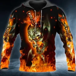 Hot OUKU Men's Skull Graphic Prints Flame Hoodie Hoodies Sweatshirt Streetwear Designer Long Sleeve Hooded Daily Sports Print Spring & Fall Designer Orange