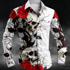 Discount OUKU Men's Skull Halloween Costumes Day of the Dead Button Up Shirt Long Sleeve Casual Dark Party Evening Wear Daily Fall Winter Spring & Summer Shirt Collar Button Up 3D Print Black White Blue Purple