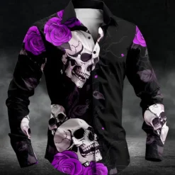 Discount OUKU Men's Skull Halloween Costumes Day of the Dead Button Up Shirt Long Sleeve Casual Dark Party Evening Wear Daily Fall Winter Spring & Summer Shirt Collar Button Up 3D Print Black White Blue Purple