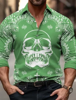 Discount OUKU Men's Skull Halloween Costumes Day of the Dead Shirt Button Up Shirt Long Sleeve Abstract Outdoor Street Casual Daily Fall & Winter Turndown Buttons Print Black Green