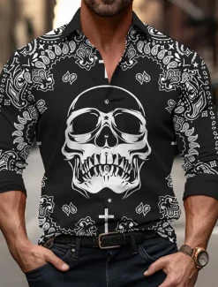 Discount OUKU Men's Skull Halloween Costumes Day of the Dead Shirt Button Up Shirt Long Sleeve Abstract Outdoor Street Casual Daily Fall & Winter Turndown Buttons Print Black Green