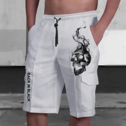 New OUKU Men's Skull Halloween Costumes Shorts Mid Waist Vacation Fashion Streetwear Outdoor Casual Holiday Side Pockets Drawstring Designer Clothing Apparel White