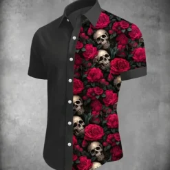 Outlet OUKU Men's Skull Halloween Costumes Day of the Dead Shirt Button Up Shirt Short Sleeve Dark Punk Gothic Style Holiday Summer Spring Turndown 3D Print Collared Shirts Black White