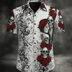 Outlet OUKU Men's Skull Halloween Costumes Day of the Dead Shirt Button Up Shirt Short Sleeve Dark Punk Gothic Style Holiday Summer Spring Turndown 3D Print Collared Shirts Black White