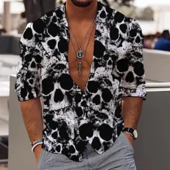 New OUKU Men's Skull Halloween Costumes Day of the Dead Shirt Button Up Shirt Long Sleeve Sports Fashion Streetwear Outdoor Casual Daily Fall & Winter Turndown Print Button-Down Black
