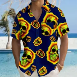 Outlet OUKU Men's Skull Halloween Costumes Beach Shirt Summer Hawaiian Shirt Button Up Shirt Short Sleeves Shirt Collared Shirts Hawaiian Vacation Daily Red Fuchsia Green S M L