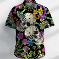 Hot OUKU Men's Skull Halloween Costumes Button Up Shirt Short Sleeve Casual Dark Vacation Party Evening Wear Daily Summer Collared Shirts Button Up 3D Print Black