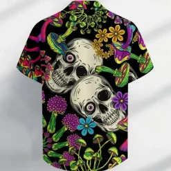 Hot OUKU Men's Skull Halloween Costumes Button Up Shirt Short Sleeve Casual Dark Vacation Party Evening Wear Daily Summer Collared Shirts Button Up 3D Print Black