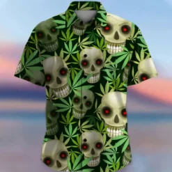 Clearance OUKU Men's Skull Halloween Costumes Button Up Shirt Short Sleeve Hawaiian Casual Vacation Party Evening Wear Daily Summer Collared Shirts Button Up 3D Print Green