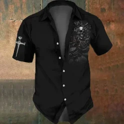 New OUKU Men's Skull Halloween Costumes Day of the Dead Shirt Button Up Shirt Short Sleeve Dark Gothic Style Holiday Summer Spring Turndown 3D Print Collared Shirts Black 1 Black