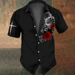 New OUKU Men's Skull Halloween Costumes Day of the Dead Shirt Button Up Shirt Short Sleeve Dark Gothic Style Holiday Summer Spring Turndown 3D Print Collared Shirts Black 1 Black