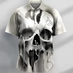 Outlet OUKU Men's Skull Halloween Costumes Shirt Button Up Shirt Short Sleeve Casual Dark Vacation Daily Evening Party Summer Turndown Collared Shirts Buttons Print Black Gray