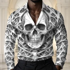 Discount OUKU Men's Skull Halloween Costumes Shirt Satin Shirt Dress Shirt Long Sleeve Dark Gothic Style Holiday Summer Spring Fall Turndown 3D Print Button Up Shirts Blue Green Khaki Gray