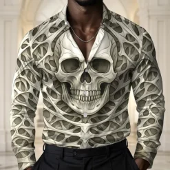 Discount OUKU Men's Skull Halloween Costumes Shirt Satin Shirt Dress Shirt Long Sleeve Dark Gothic Style Holiday Summer Spring Fall Turndown 3D Print Button Up Shirts Blue Green Khaki Gray