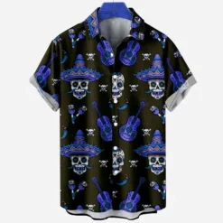 Clearance OUKU Men's Skull Halloween Costumes Shirt Short Sleeves Fashion Designer Casual Outdoor Halloween Street Summer Spring Turndown Print Button-Down Navy Blue Blue Purple Green