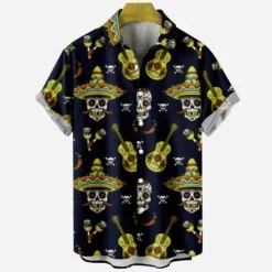 Clearance OUKU Men's Skull Halloween Costumes Shirt Short Sleeves Fashion Designer Casual Outdoor Halloween Street Summer Spring Turndown Print Button-Down Navy Blue Blue Purple Green