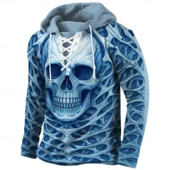 Hot OUKU Men's Skull Hoodies Exaggerated Cool Long Sleeve Hooded Holiday Streetwear White Blue Drawstring 3D Print Fall Winter Designer