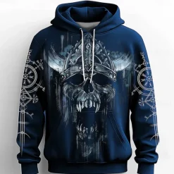 Hot OUKU Men's Skull Hoodies Sweatshirt Fashion Cool Long Sleeve Crew Neck Party Holiday Streetwear Black Blue Drawstring Fall Winter Designer