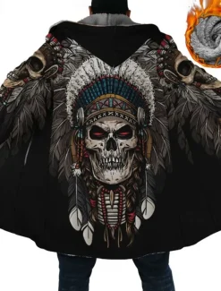 Online OUKU Men's Skull Indian Winter Coat Fleece Jacket Coat Warm Breathable Comfortable Streetwear Ethnic Style Vintage Style Sports & Outdoor Daily Wear Going out Zipper Pocket Print Fall & Winter Hoodie Long