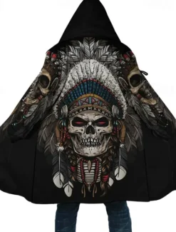 Online OUKU Men's Skull Indian Winter Coat Fleece Jacket Coat Warm Breathable Comfortable Streetwear Ethnic Style Vintage Style Sports & Outdoor Daily Wear Going out Zipper Pocket Print Fall & Winter Hoodie Long