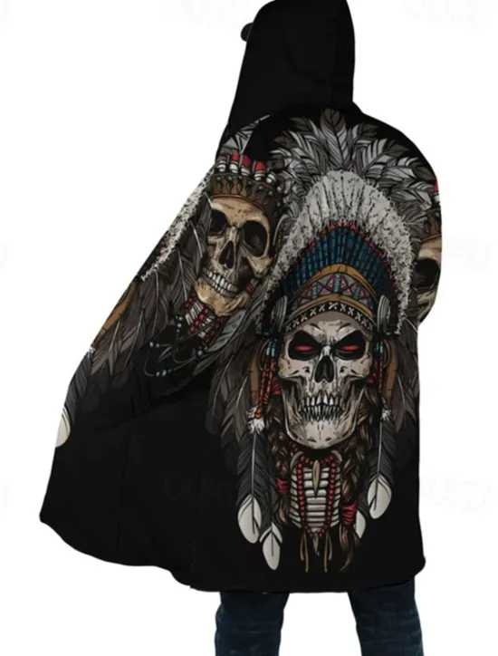 Online OUKU Men's Skull Indian Winter Coat Fleece Jacket Coat Warm Breathable Comfortable Streetwear Ethnic Style Vintage Style Sports & Outdoor Daily Wear Going out Zipper Pocket Print Fall & Winter Hoodie Long