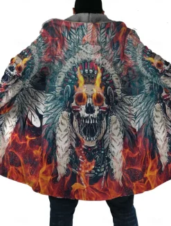 Online OUKU Men's Skull Indian Winter Coat Fleece Jacket Coat Warm Breathable Comfortable Streetwear Ethnic Style Vintage Style Sports & Outdoor Daily Wear Going out Zipper Pocket Print Fall & Winter Hoodie Long