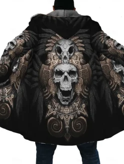 Online OUKU Men's Skull Indian Winter Coat Fleece Jacket Coat Warm Breathable Comfortable Streetwear Ethnic Style Vintage Style Sports & Outdoor Daily Wear Going out Zipper Pocket Print Fall & Winter Hoodie Long