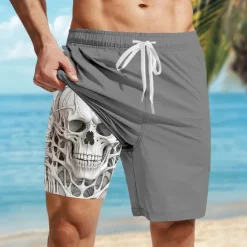 OUKU Men's Skull Lined Shorts 2 in 1 Board Shorts Swim Shorts Mid Waist Hawaiian Casual Vacation Holiday Beach Wear Side Pockets Color Block With Compression Liner Designer Clothing Apparel