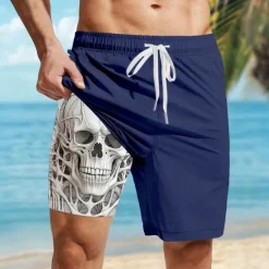 OUKU Men's Skull Lined Shorts 2 in 1 Board Shorts Swim Shorts Mid Waist Hawaiian Casual Vacation Holiday Beach Wear Side Pockets Color Block With Compression Liner Designer Clothing Apparel