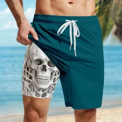 OUKU Men's Skull Lined Shorts 2 in 1 Board Shorts Swim Shorts Mid Waist Hawaiian Casual Vacation Holiday Beach Wear Side Pockets Color Block With Compression Liner Designer Clothing Apparel