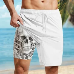 OUKU Men's Skull Lined Shorts 2 in 1 Board Shorts Swim Shorts Mid Waist Hawaiian Casual Vacation Holiday Beach Wear Side Pockets Color Block With Compression Liner Designer Clothing Apparel