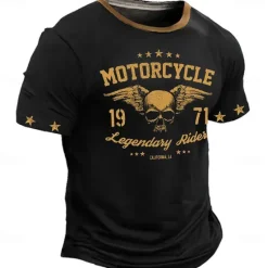 Outlet OUKU Men's Skull Motorcycle T Shirt Short Sleeve T shirt 3D Print Crew Neck Shirt Retro Vintage Western Style Street Casual Bar Black Red Blue Spring & Summer Clothing Apparel S M L XL 2XL 3XL