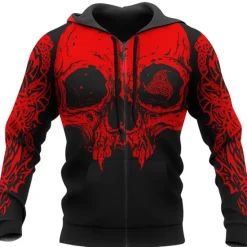 Clearance OUKU Men's Skull Novelty Skulls Hoodie Hoodies Sweatshirt Fashion Cool Long Sleeve Hooded Vacation Halloween Holiday Black Red Print Spring & Fall Designer