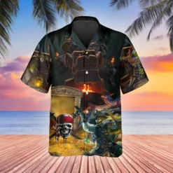 Online OUKU Men's Skull Pirate Shirt Button Up Shirt Short Sleeve Tropical Sports Streetwear Casual Beach Summer Spring Turndown Print Button-Down Yellow