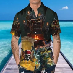 Online OUKU Men's Skull Pirate Shirt Button Up Shirt Short Sleeve Tropical Sports Streetwear Casual Beach Summer Spring Turndown Print Button-Down Yellow