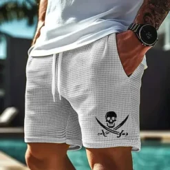 Hot OUKU Men's Skull Pirate Waffle Shorts Sweat Shorts Casual Shorts Mid Waist Fashion Casual Vacation Jogging Workout Elastic Drawstring Waist Shorts with Pockets Designer Clothing Apparel
