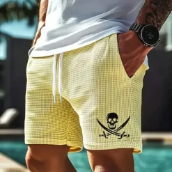 Hot OUKU Men's Skull Pirate Waffle Shorts Sweat Shorts Casual Shorts Mid Waist Fashion Casual Vacation Jogging Workout Elastic Drawstring Waist Shorts with Pockets Designer Clothing Apparel
