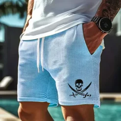Hot OUKU Men's Skull Pirate Waffle Shorts Sweat Shorts Casual Shorts Mid Waist Fashion Casual Vacation Jogging Workout Elastic Drawstring Waist Shorts with Pockets Designer Clothing Apparel