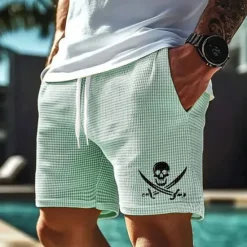 Hot OUKU Men's Skull Pirate Waffle Shorts Sweat Shorts Casual Shorts Mid Waist Fashion Casual Vacation Jogging Workout Elastic Drawstring Waist Shorts with Pockets Designer Clothing Apparel