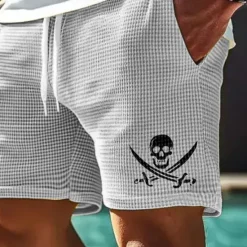Hot OUKU Men's Skull Pirate Waffle Shorts Sweat Shorts Casual Shorts Mid Waist Fashion Casual Vacation Jogging Workout Elastic Drawstring Waist Shorts with Pockets Designer Clothing Apparel