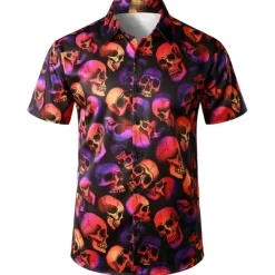 Best OUKU Men's Skull Shirt Button Up Shirt Short Sleeve Fashion Cool Punk & Gothic Street Casual Daily Summer Spring Turndown Print Button-Down Black Red Purple Black+White