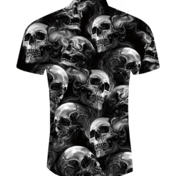 Best OUKU Men's Skull Shirt Button Up Shirt Short Sleeve Fashion Cool Punk & Gothic Street Casual Daily Summer Spring Turndown Print Button-Down Black Red Purple Black+White