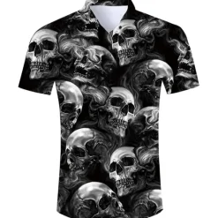 Best OUKU Men's Skull Shirt Button Up Shirt Short Sleeve Fashion Cool Punk & Gothic Street Casual Daily Summer Spring Turndown Print Button-Down Black Red Purple Black+White