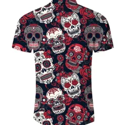 Best OUKU Men's Skull Shirt Button Up Shirt Short Sleeve Fashion Cool Punk & Gothic Street Casual Daily Summer Spring Turndown Print Button-Down Black Red Purple Black+White