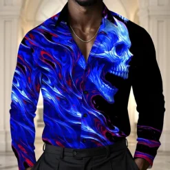 Best OUKU Men's Skull Shirt Satin Shirt Dress Shirt Long Sleeve Dark Punk Gothic Style Vacation Dailywear Summer Spring Fall Turndown 3D Print Button Up Shirts Red Dark Blue